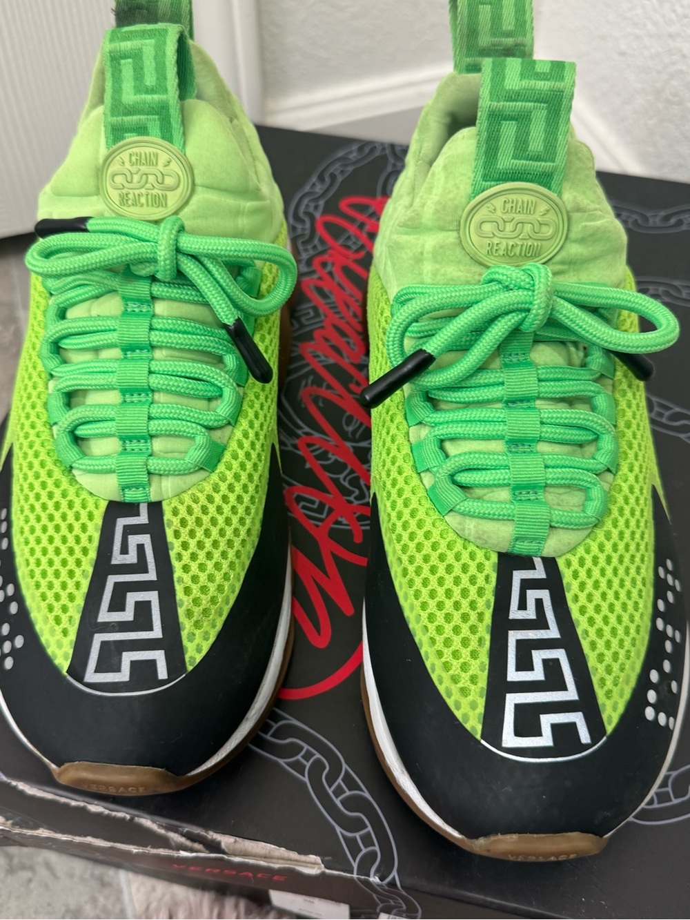 Versace Bright Green Mesh and Black Accent Sneakers - Picture 5 of 12